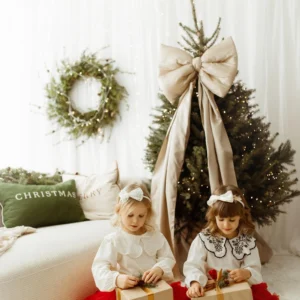 Bardzo duża kokarda na choinkę 70×60 XXL beżowa wstążki 250cmx2