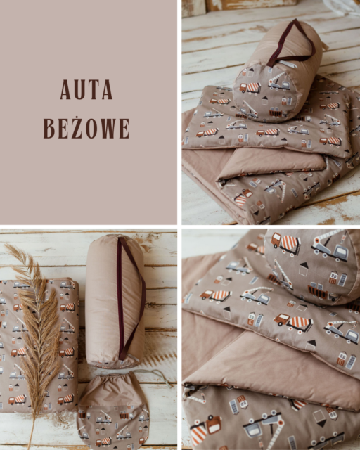 Bawełniany kocyk 3w1 zestaw auta beż junior
