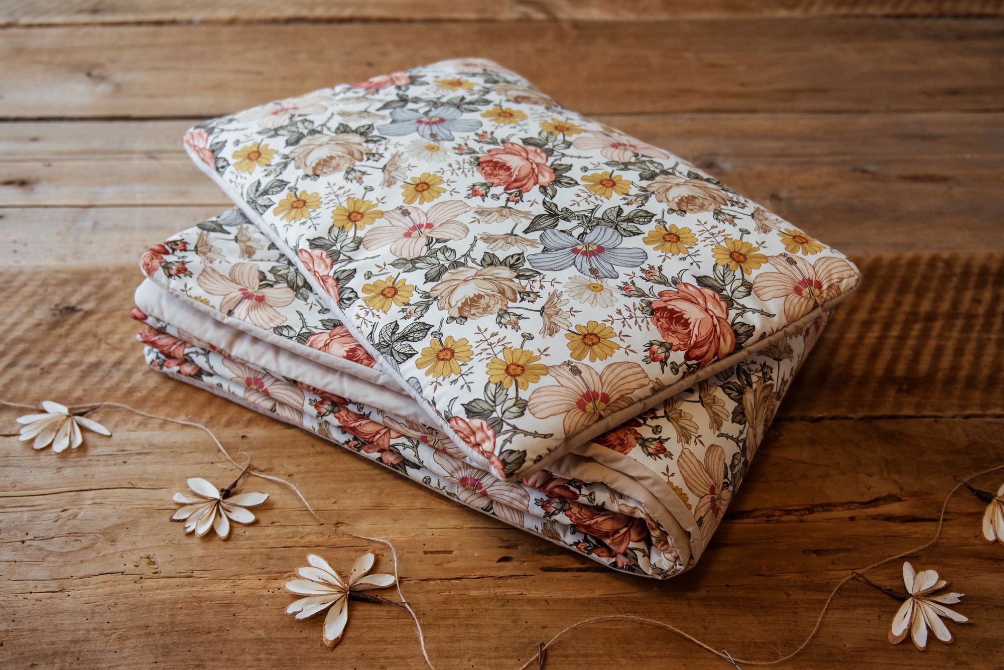 Bawełniany kocyk pościel premium 3w1 zestaw retro kwiaty natural junior