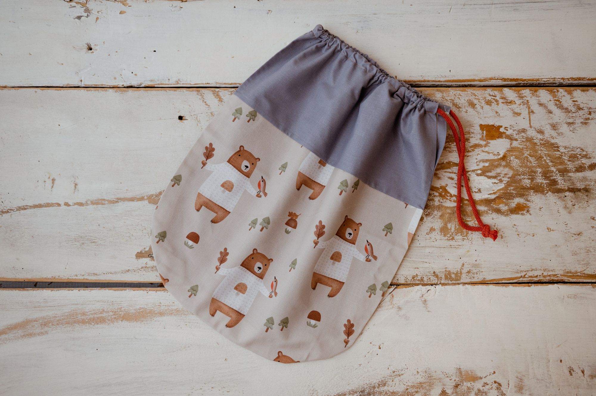 Bawełniany worek na rzeczy zamienne i buciki do przedszkola misie beżowe