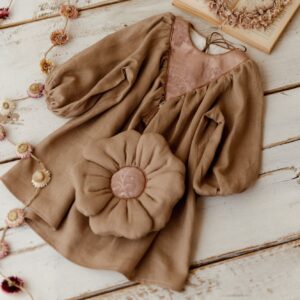 Beżowa vintage sukienka lniana damska kwiaty żakard Marysia taupe