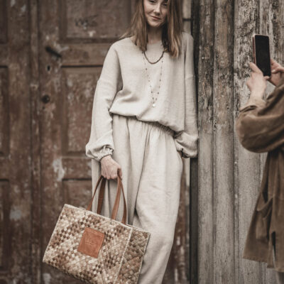 Bluza lniana damska oversize szara glina