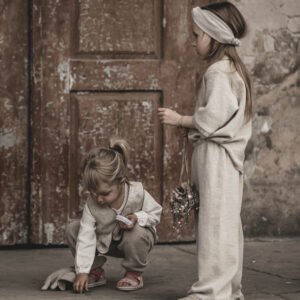 Bluzeczka lniana z koronką z krótkim rękawkiem retro szara glina