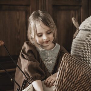 Brązowa retro sukienka lniana damska żakard kwiaty Marysia coco turkus