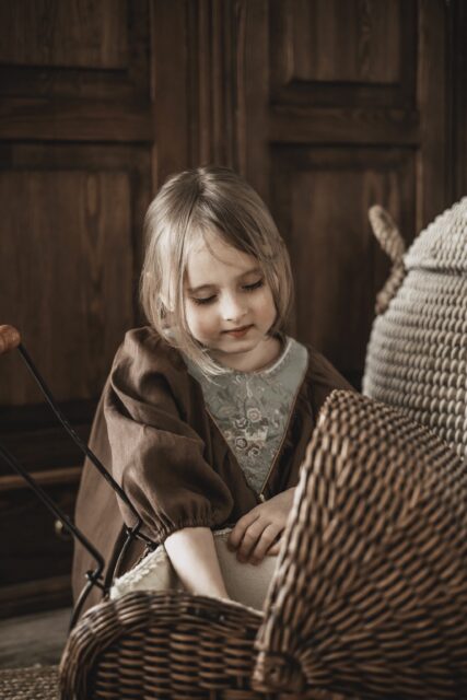 Brązowa retro sukienka lniana damska żakard kwiaty Marysia coco turkus