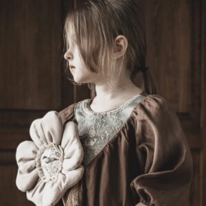 Brązowa retro sukienka lniana damska żakard kwiaty Marysia coco turkus