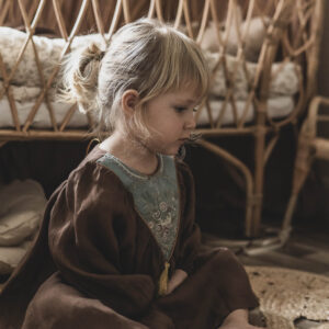 Brązowa retro sukienka lniana damska żakard kwiaty Marysia coco turkus