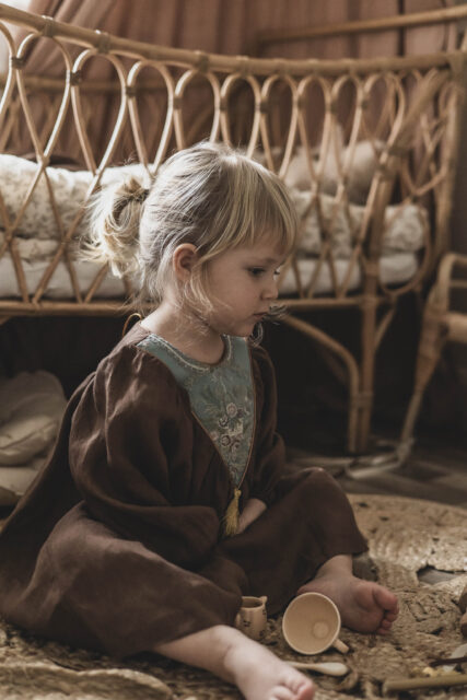 Brązowa retro sukienka lniana damska żakard kwiaty Marysia coco turkus