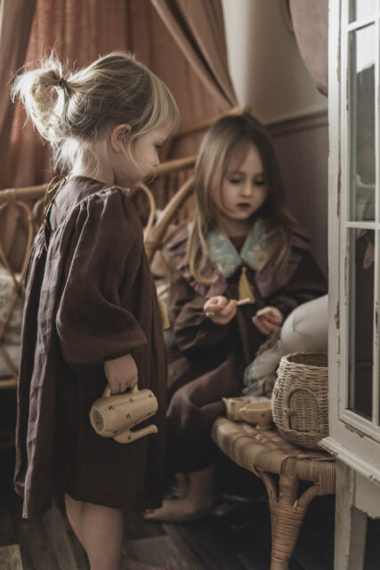 Brązowa sukienka lniana z żakardem 5-10 lat Marysia coco turkus