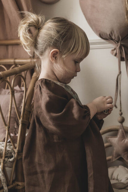 Brązowa sukienka lniana z żakardem 5-10 lat Marysia coco turkus