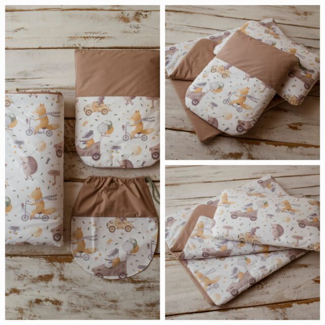 Brązowy kocyk do przedszkola z poduszką i workiem 160×120