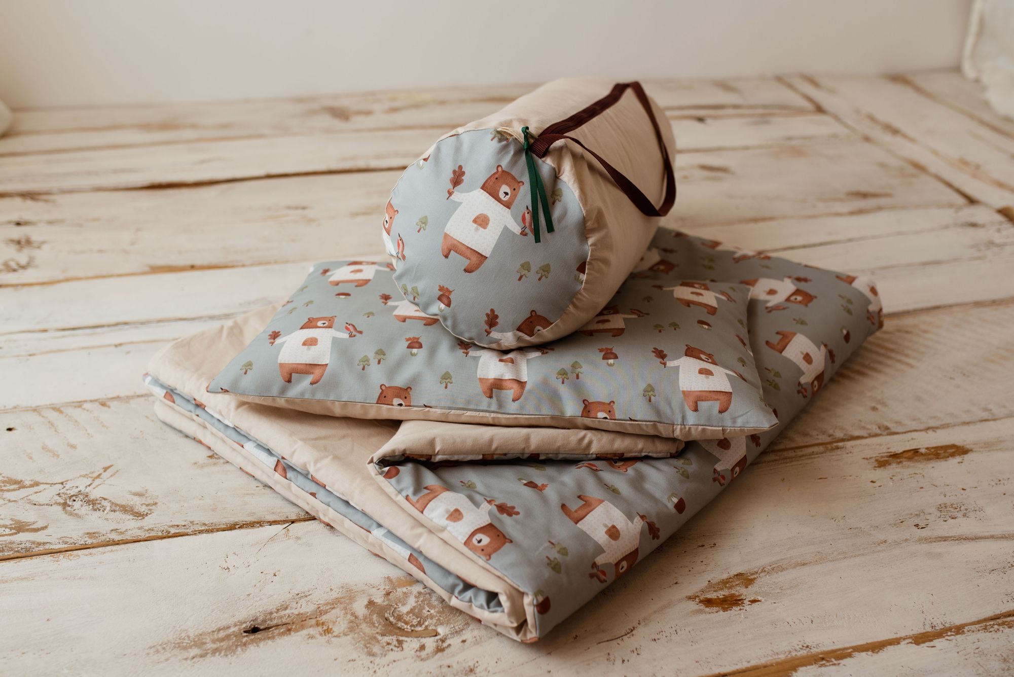 Kocyk do żłobka pościel premium zestaw 3w1 misie niebieskie natural