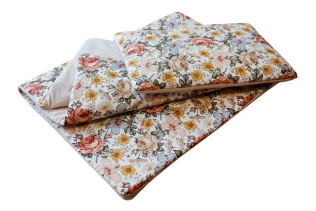 Kocyk do przedszkola dla dziewczynki zestaw 3w1 retro kwiaty natural