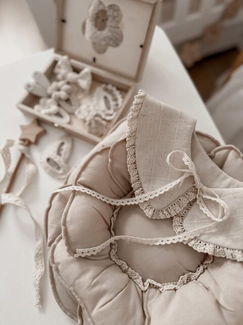 Kołnierzyk damski lniany z koronką naturalna kratka zoja