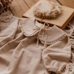 Kołnierzyk damski lniany z koronką naturalna kratka zoja