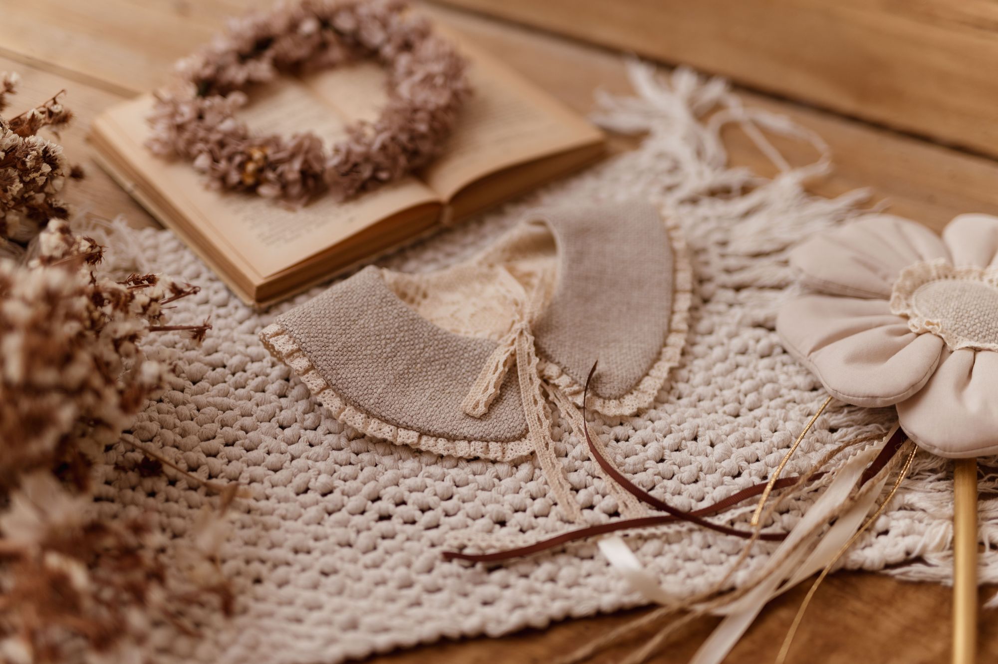 Kołnierzyk retro damski lniany wiązany kasza len zoja