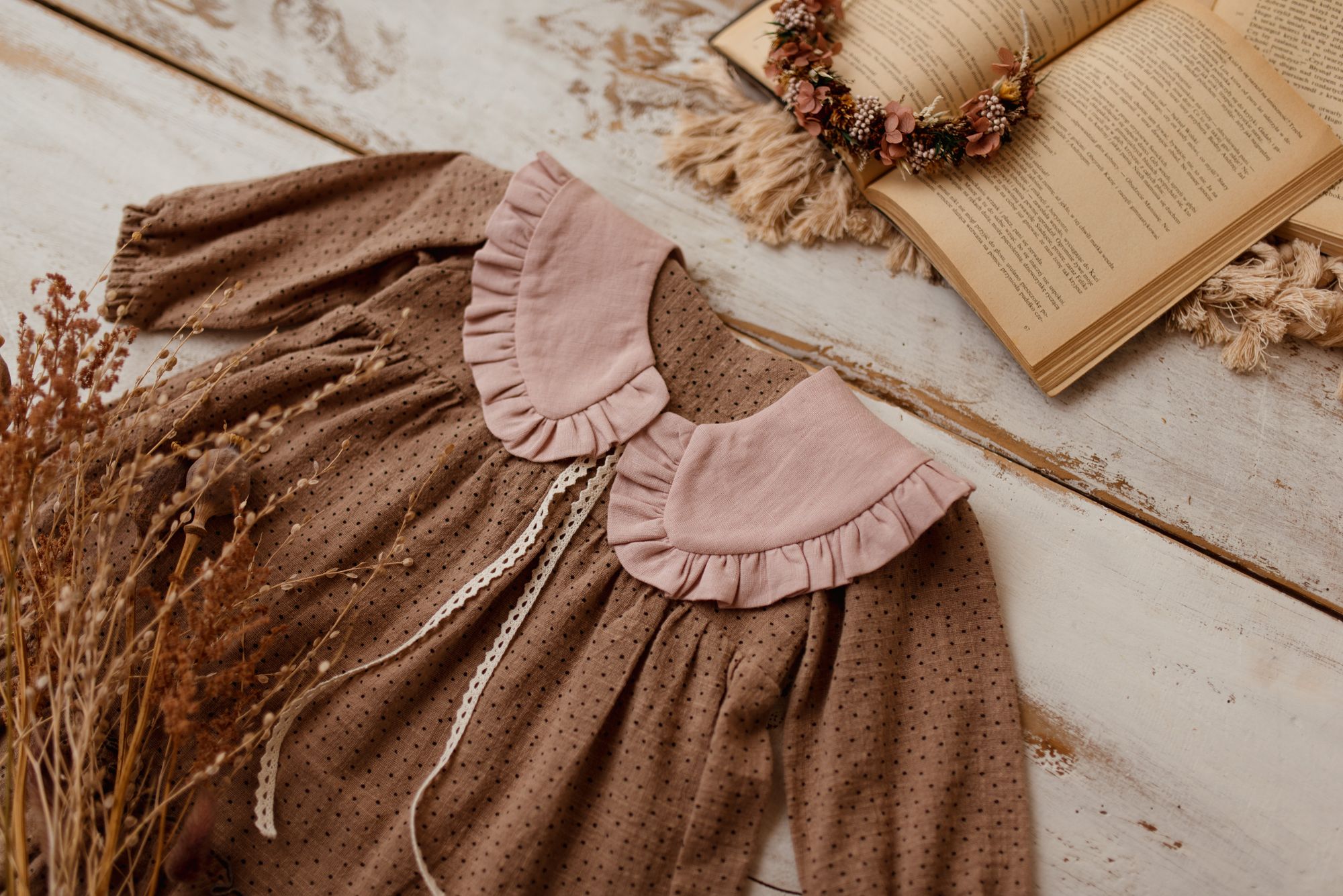 Kołnierzyk damski z falbanką lniany różowy zoja