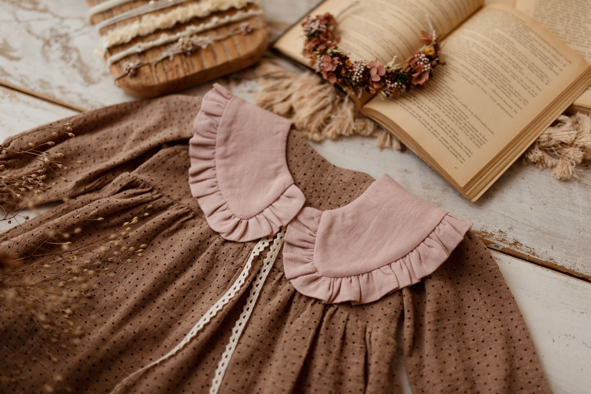 Kołnierzyk damski z falbanką lniany różowy zoja