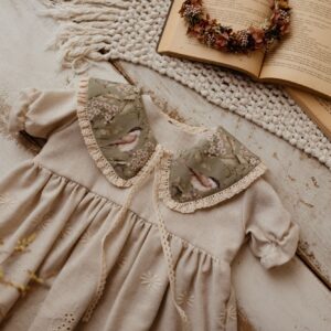 Kołnierzyk z koronką bawełniany retro damski Hania wróbelki oliwka