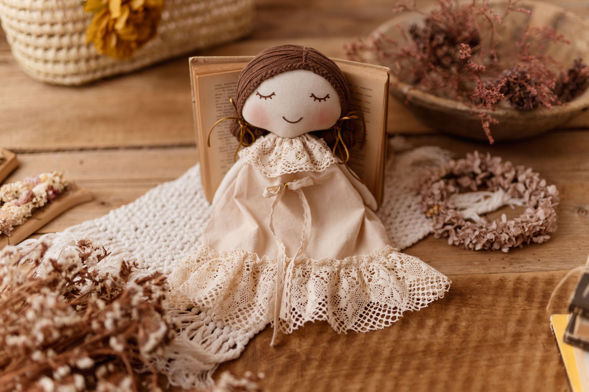 Lalka bawełniana przytulanka retro koronka Marysia natural