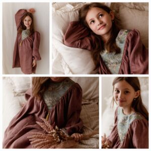 Lniana sukienka damska kwiaty żakard Marysia wrzos