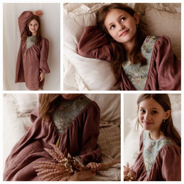 Lniana sukienka damska kwiaty żakard Marysia wrzos