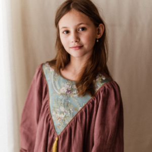 Lniana sukienka damska kwiaty żakard Marysia wrzos