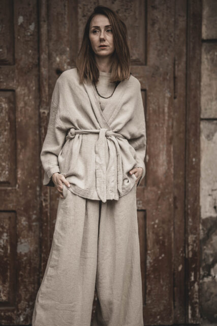 Lniane kimono damskie oversize szara glina