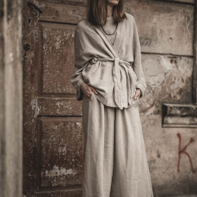 Lniane kimono damskie oversize szara glina