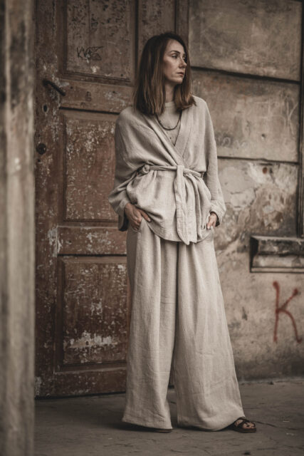 Lniane kimono damskie oversize szara glina