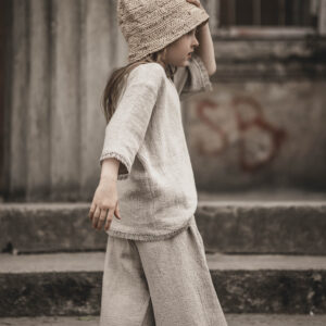 Lniane spodnie palazzo z koronką retro dla dziewczynki szara glina