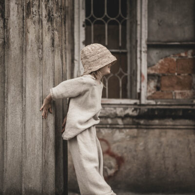 Lniane spodnie palazzo z koronką retro dla dziewczynki szara glina