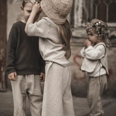 Lniane spodnie palazzo z koronką retro dla dziewczynki szara glina