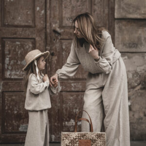 Lniane spodnie palazzo z koronką retro dla dziewczynki szara glina