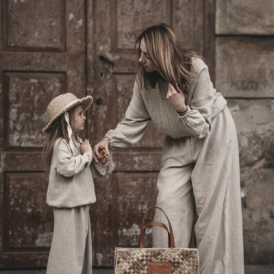 Lniane spodnie palazzo z koronką retro dla dziewczynki szara glina