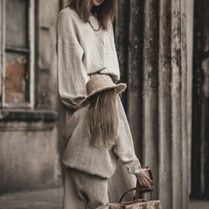 Lniane spodnie palazzo z koronką retro dla dziewczynki szara glina