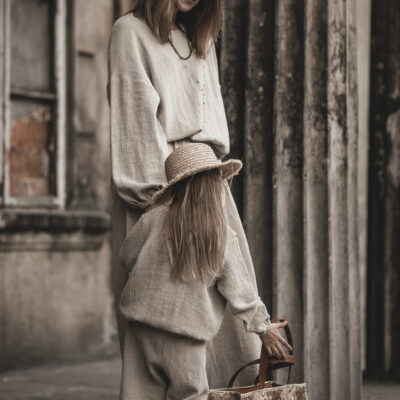 Lniane spodnie palazzo z koronką retro dla dziewczynki szara glina