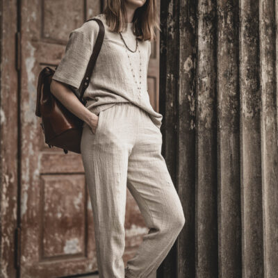 Lniany t-shirt damski premium szara glina