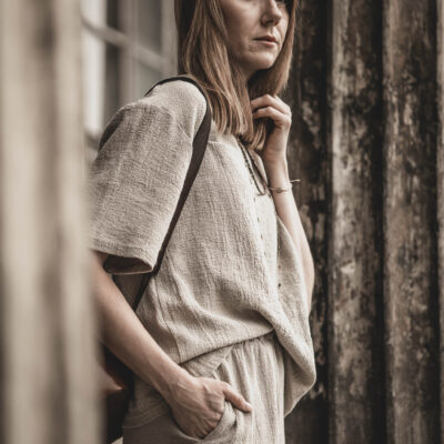 Lniany t-shirt damski premium szara glina