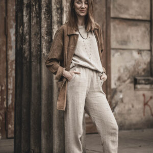 Lniany t-shirt damski premium szara glina