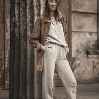 Lniany t-shirt damski premium szara glina