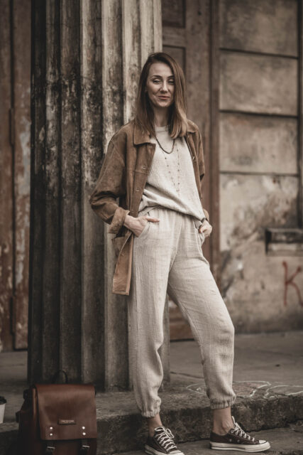 Lniany t-shirt damski premium szara glina