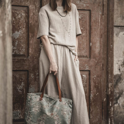 Lniany t-shirt damski premium szara glina