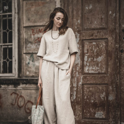 Lniany t-shirt damski premium szara glina