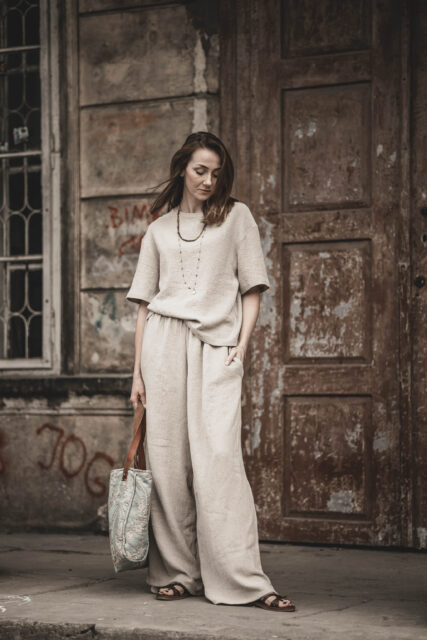 Lniany t-shirt damski premium szara glina