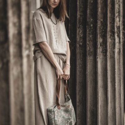 Lniany t-shirt damski premium szara glina