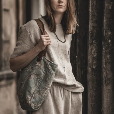 Lniany t-shirt damski premium szara glina