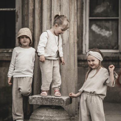 Opaska lniana węzeł dla dziewczynki szara glina