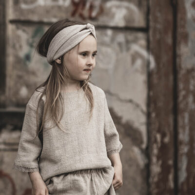 Opaska lniana węzeł dla dziewczynki szara glina