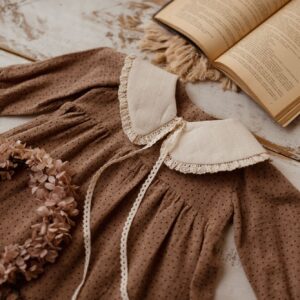 Retro kołnierzyk dla dziewczynki lniany z koronką naturalna kratka zoja